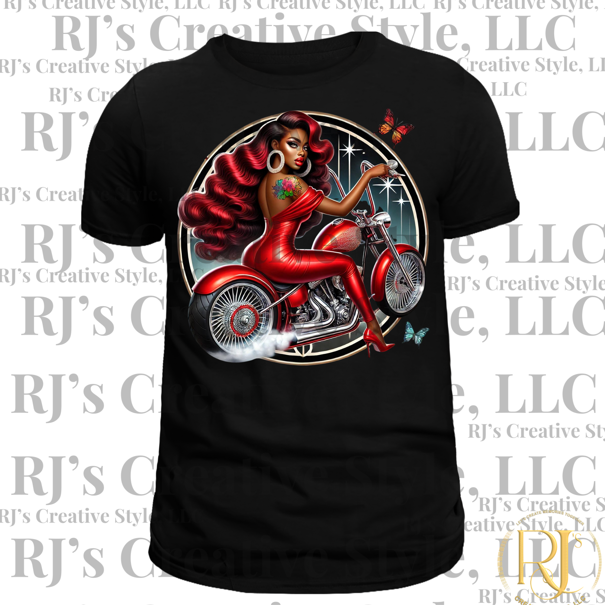 MELANIN RUBY RED BIKER BABE Tee Shirt Tops | RJ's Creative Style, LLC