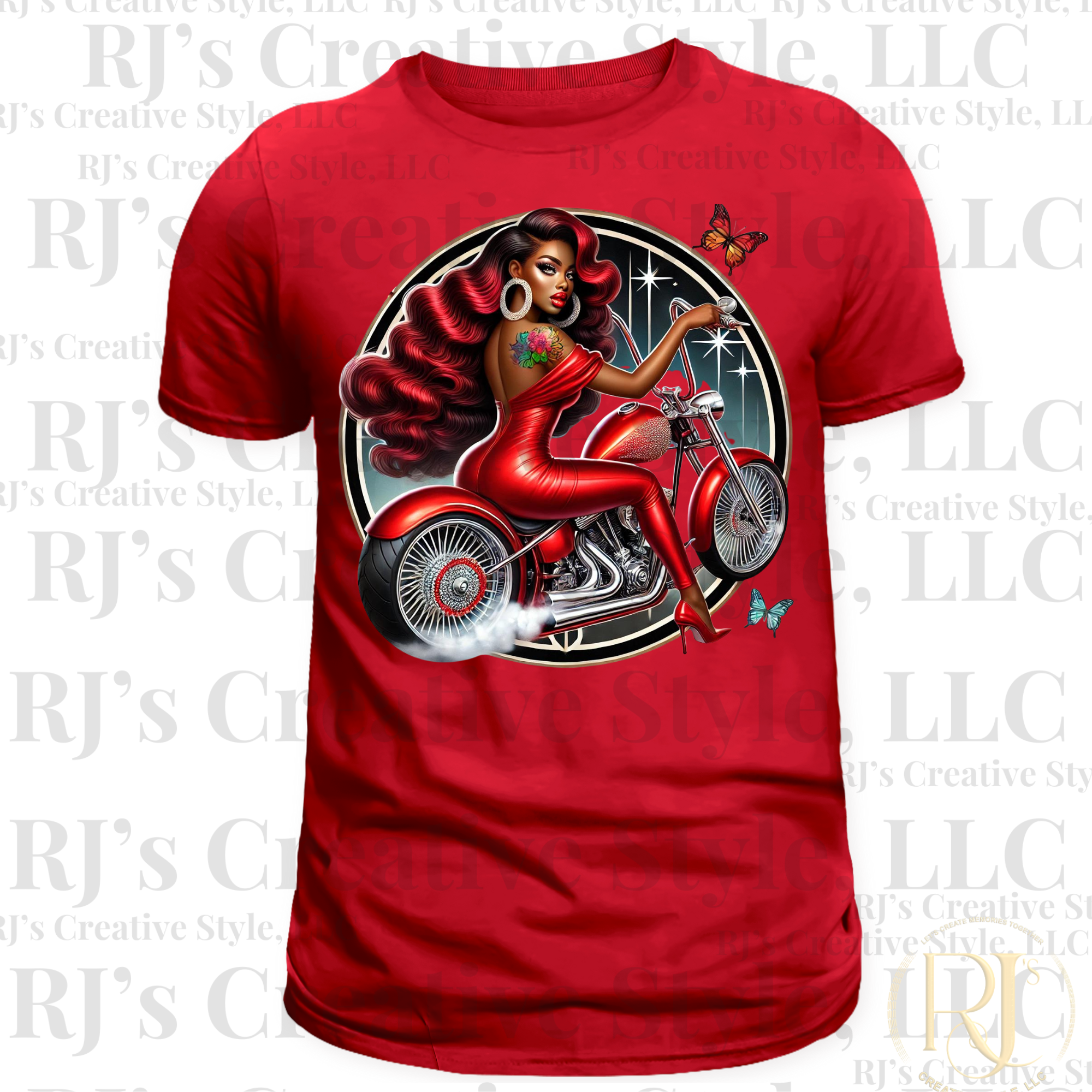 MELANIN RUBY RED BIKER BABE Tee Shirt Tops | RJ's Creative Style, LLC