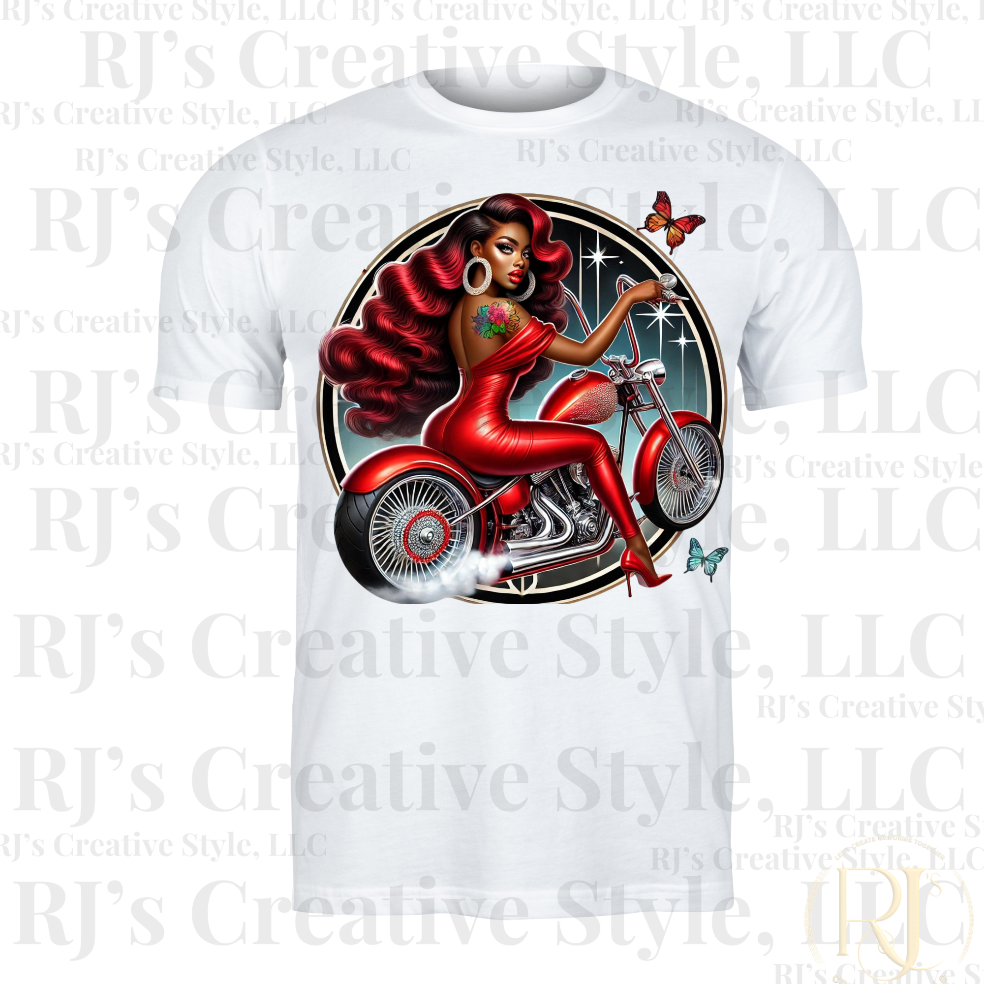 MELANIN RUBY RED BIKER BABE Tee Shirt Tops | RJ's Creative Style, LLC