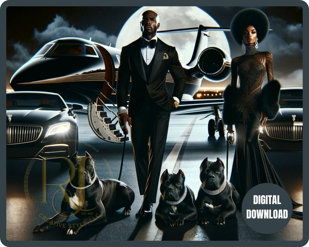 Luxury Lifestyle Elegance - Private Jet And Exotic Cars With Fashionable Couple Bulldogs Wall Art