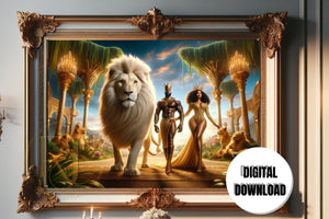 Royal Majesty: African King And Queen With Lion - 36X24 Landscape Printable Wall Art