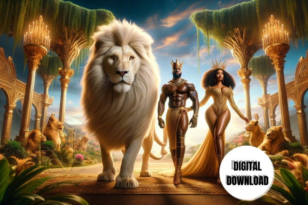 Royal Majesty: African King And Queen With Lion - 36X24 Landscape Printable Wall Art