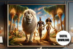Royal Majesty: African King And Queen With Lion - 36X24 Landscape Printable Wall Art